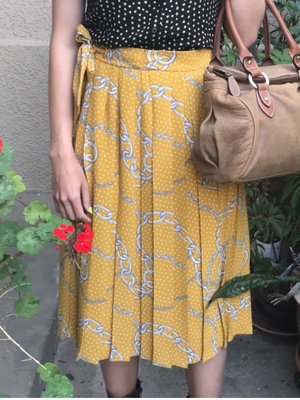 Mango Pleated Yellow Chain-Print Midi Skirt